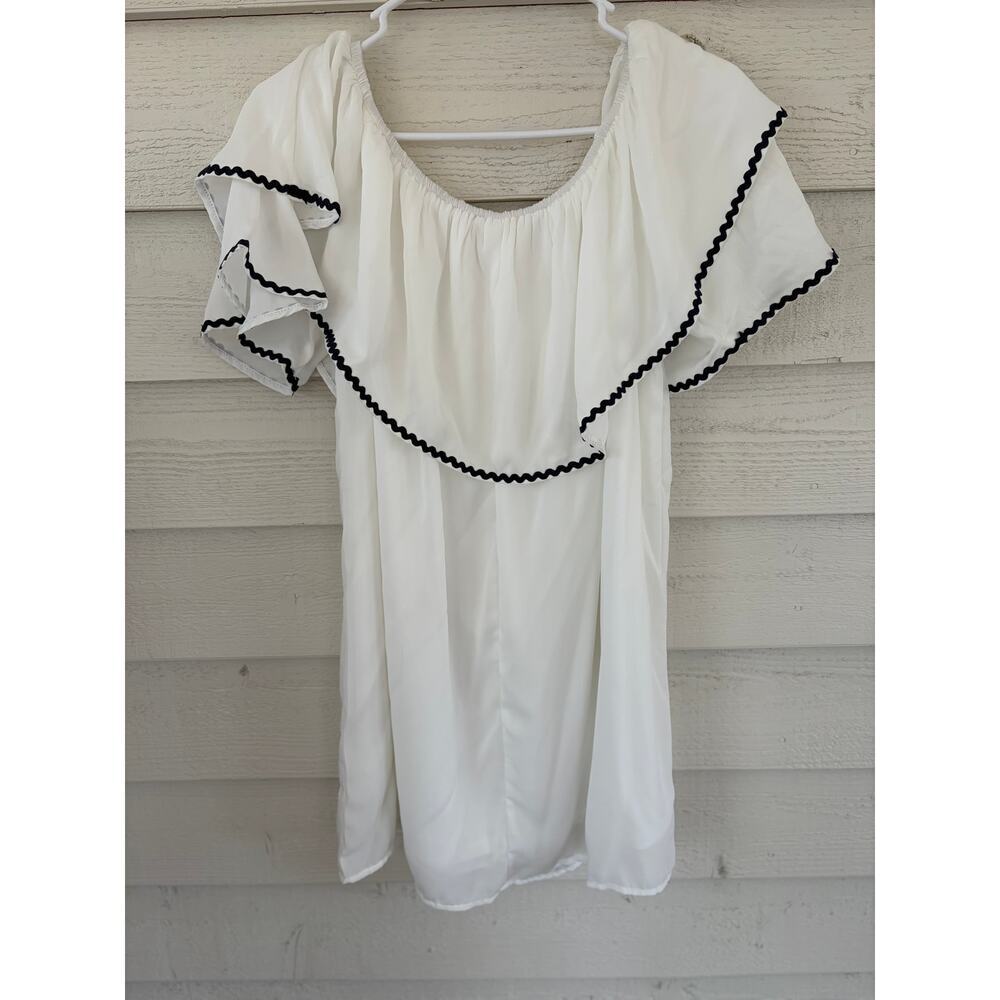 NWT Entro White Ruffle Dress Black Trim Flutter Sleeve Dress Size Small - Picture 8 of 8